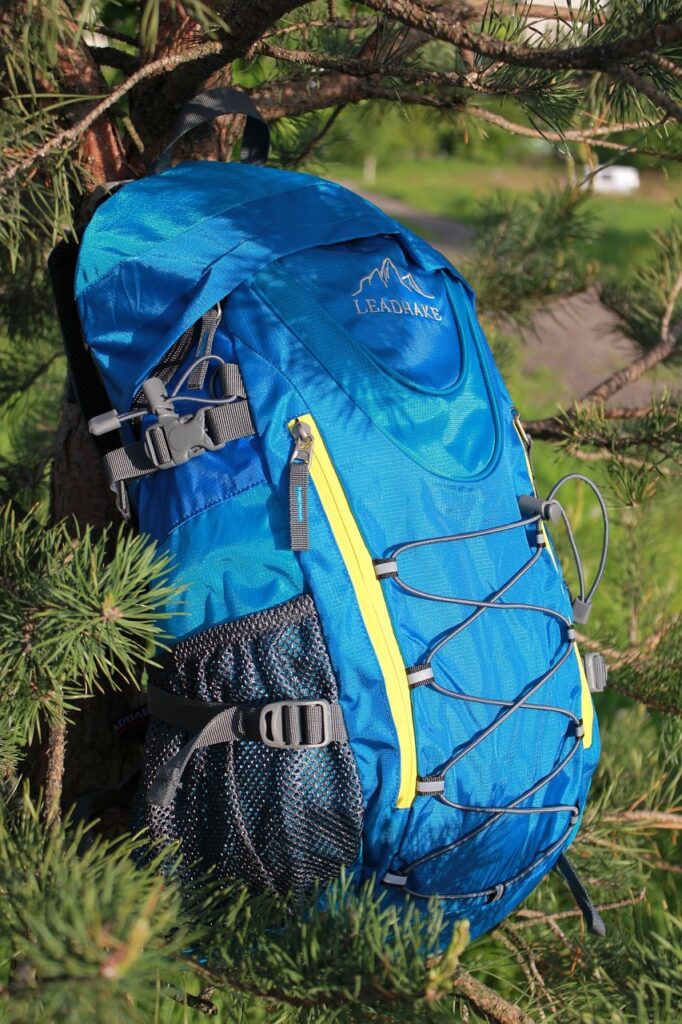 Sac à dos bleu adossé à un arbre dans une forêt